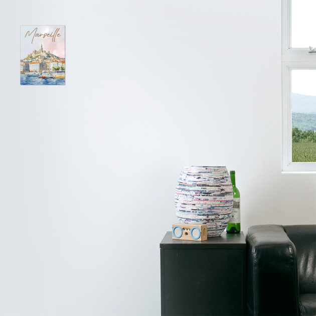 Marseille France - Watercolor Sunset over City by TuncGK